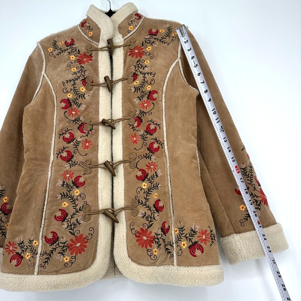 St. John's Bay Tan Suede Embroidered Toggle Coat with Cream Shearling Trim - Picture 16 of 17